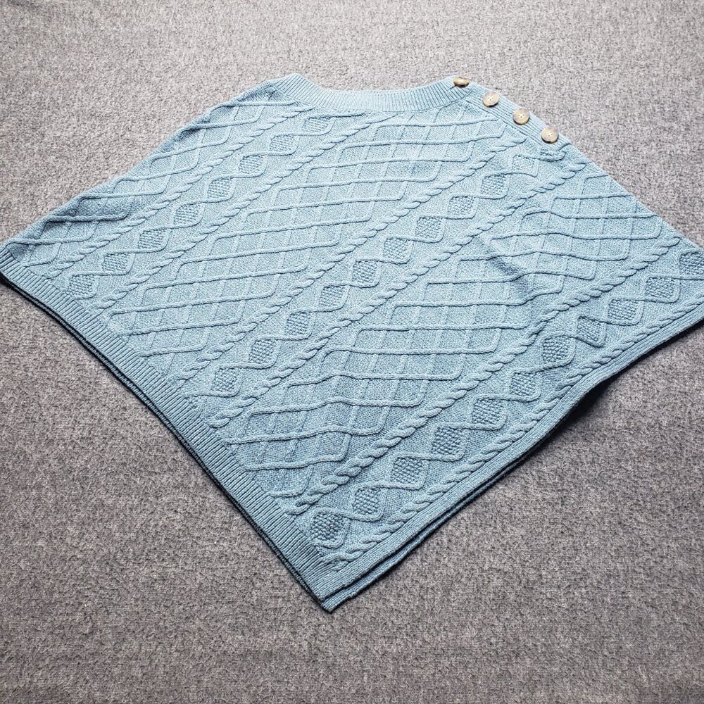 J.Jill Cable Knit Button Shoulder Poncho NWT Blue Teal Cape Sweater Cottagecore
